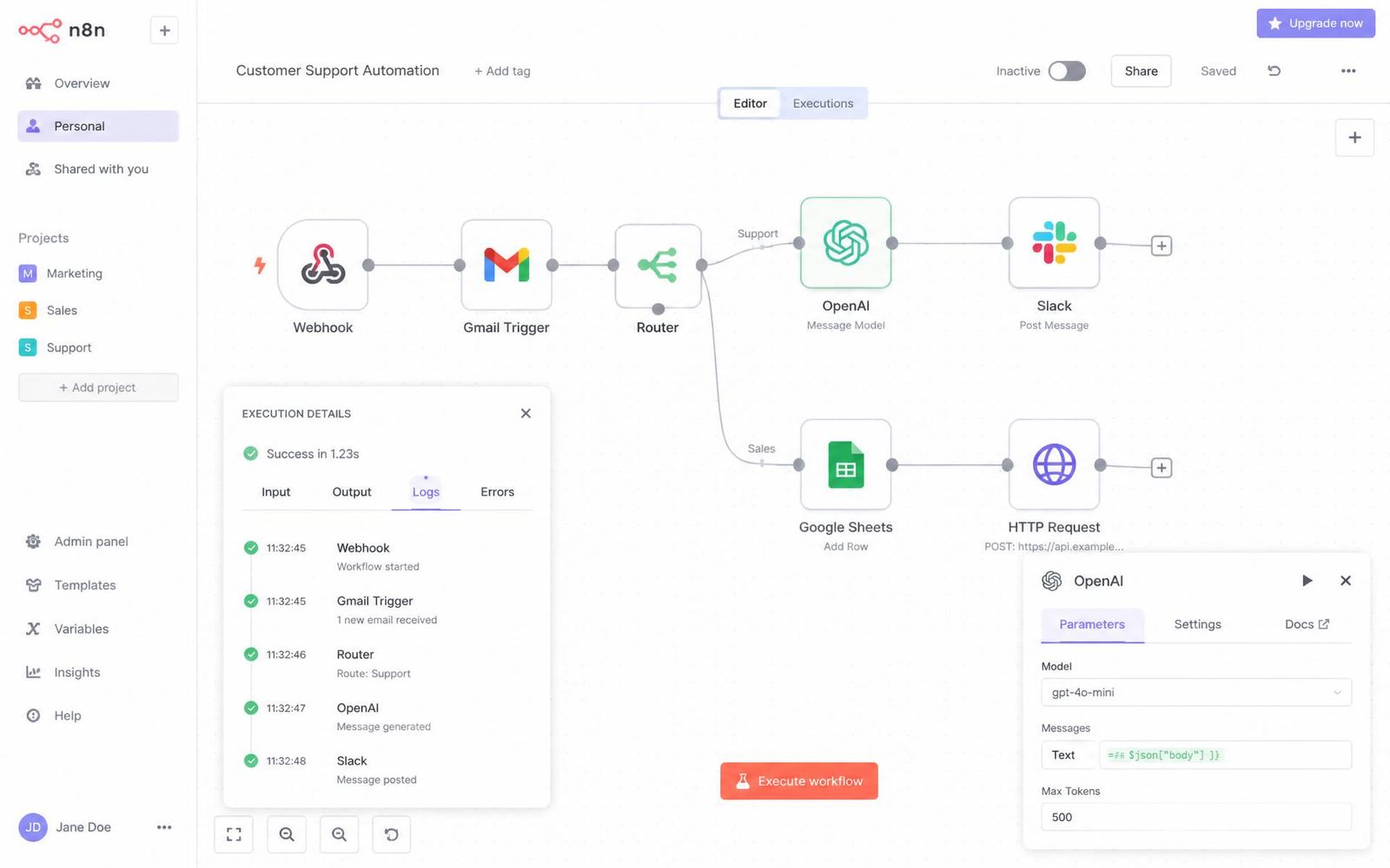 n8n workflow automating social analytics into a sheet and email report